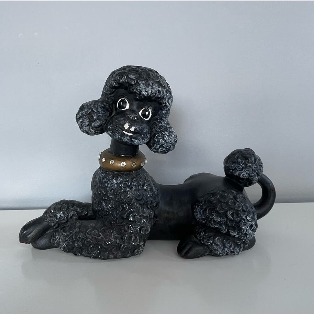Vintage Ceramic Atlantic Mold Poodle Figure Laying MCM Decor 11" Black